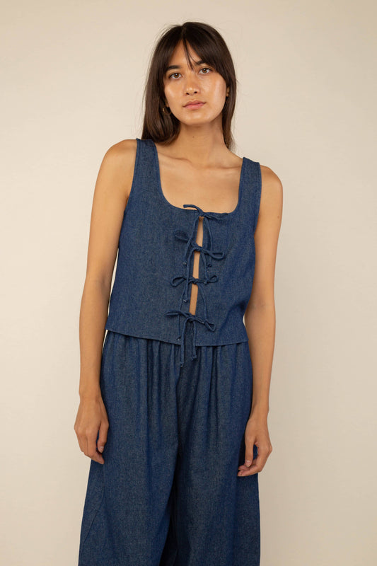 Dark Wash Denim Tie Top