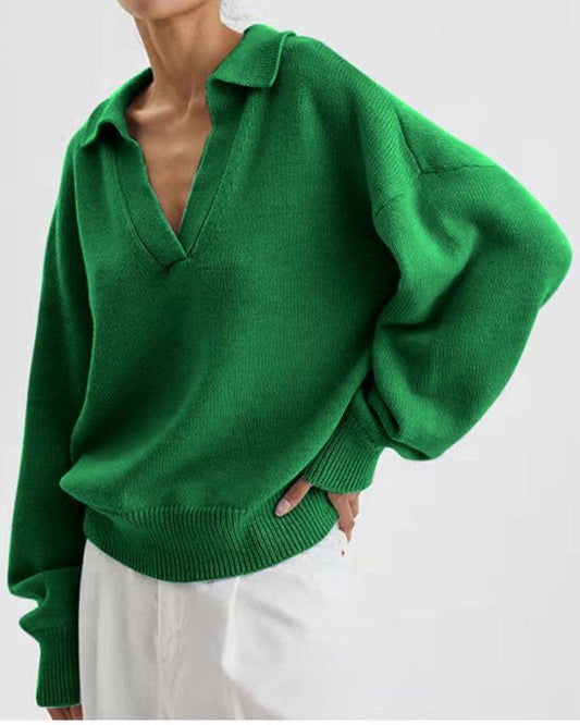 Green V-Neck Knit Sweater