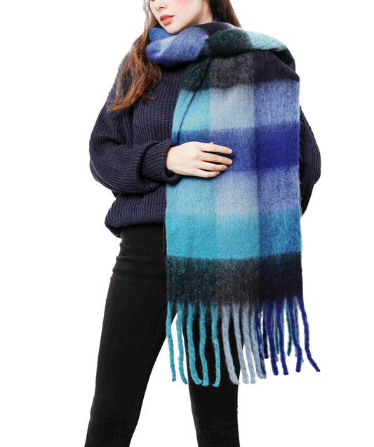 Navy + Blue Plaid Oversized Scarf