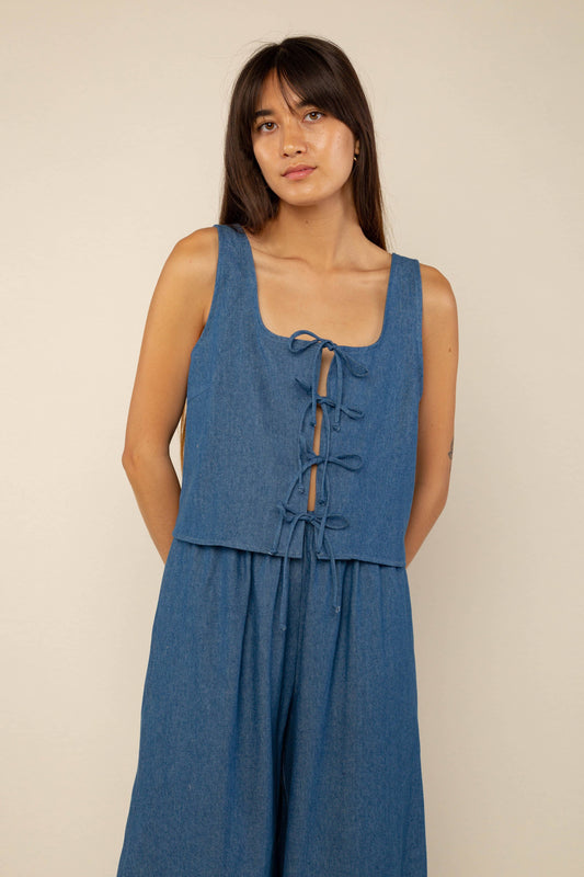 Medium Wash Denim Tie Top