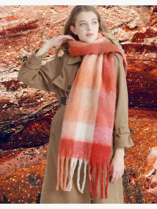 Red + Camel Plaid Oversized Scarf