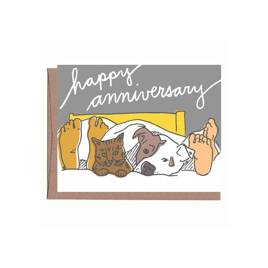 Pets in Bed Anniversary Card